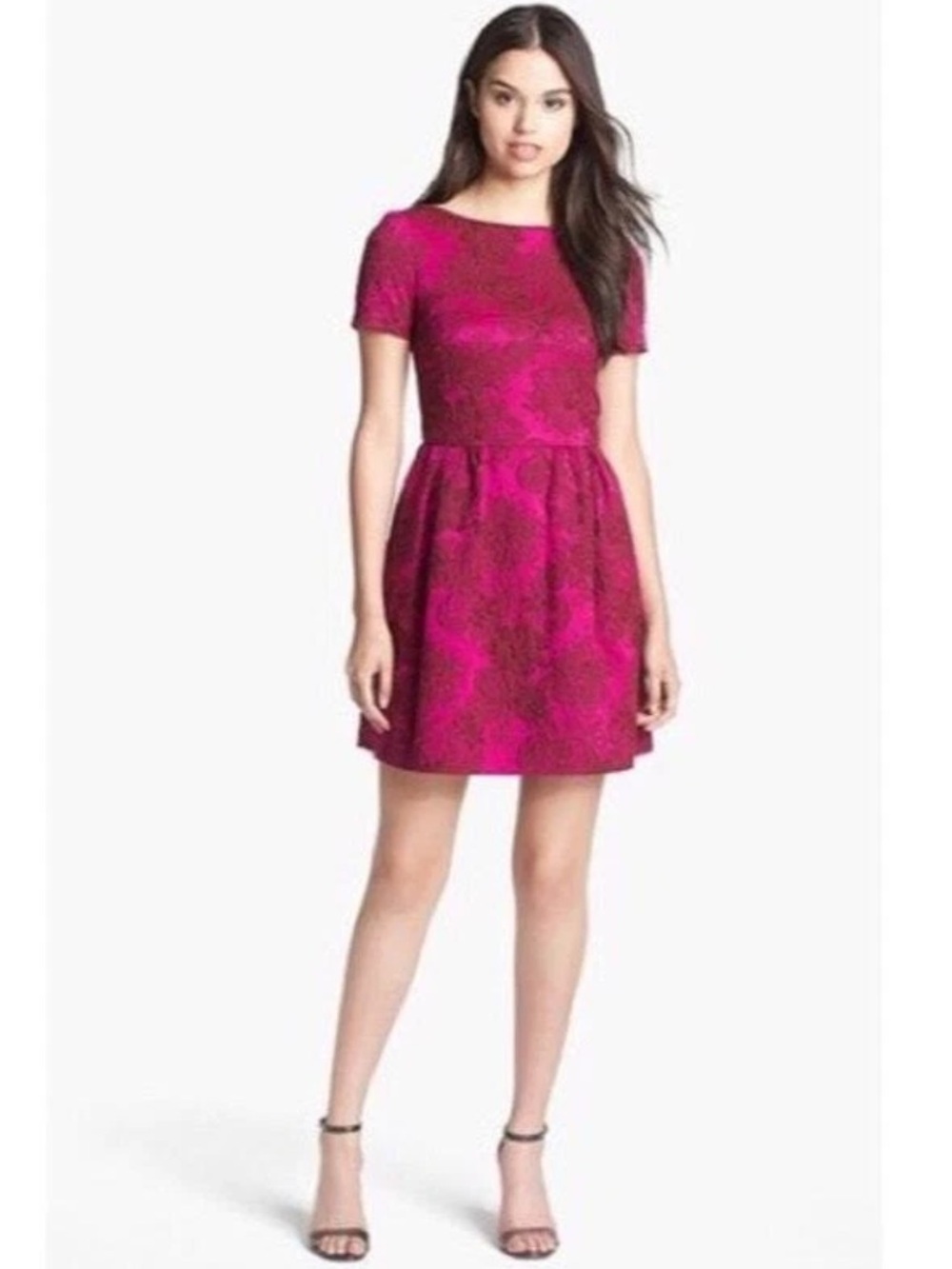 Jill Stuart Fuchsia Floral Jacquard Fit and Flair Party Dress